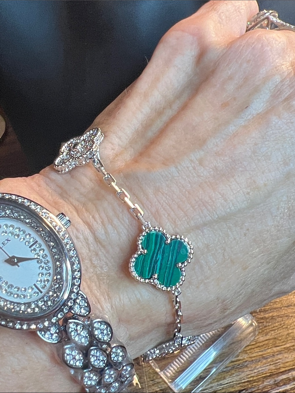 Silver Bracelet with Natural Green Malachite Clover Charm